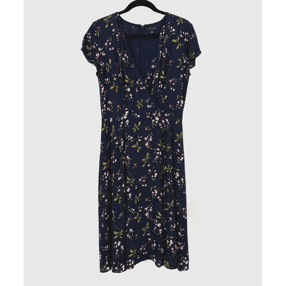 Ann Taylor Dress Women 8T Navy Floral Faux Wrap Midi Viscose Fit Flare Romantic